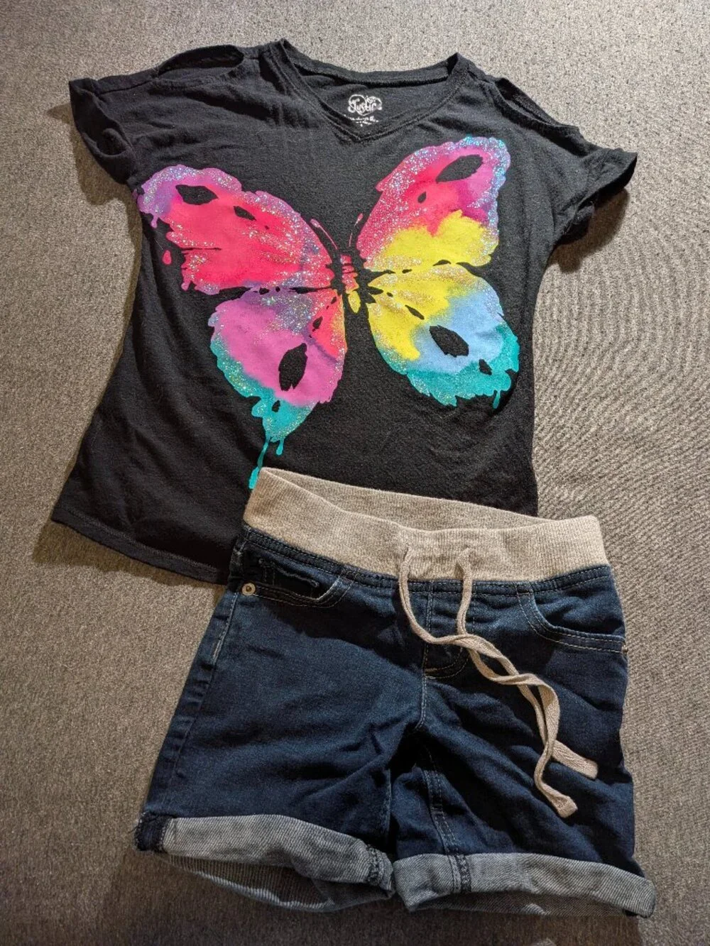 Justice Girls Size 6 2pc Set Butterfly Graphic Tee Denim Shorts Cuffed